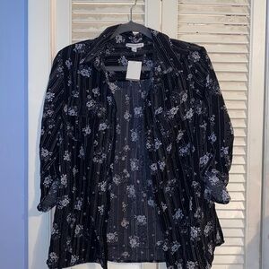 Notations Black & White pinstripe floral button down blouse